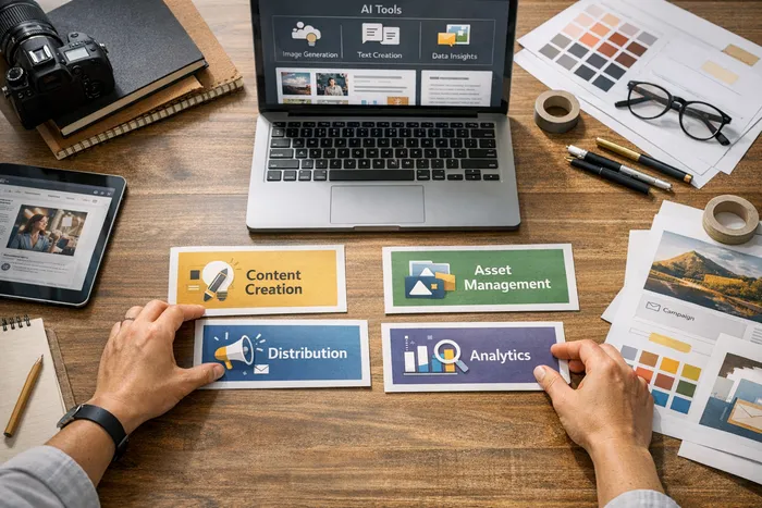 AI marketing workflow showing content creation, automation pipelines, and distribution channels